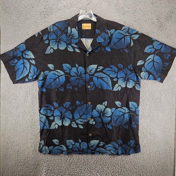 Tommy Bahama Shirt Mens L Large Black Blue 100% Silk Hawaiian Print Short Sleeve - Picture 1 of 10